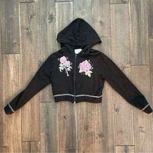 Dream Girl Black Cropped Rose Embellished Hoodie L 14/16 (runs small)